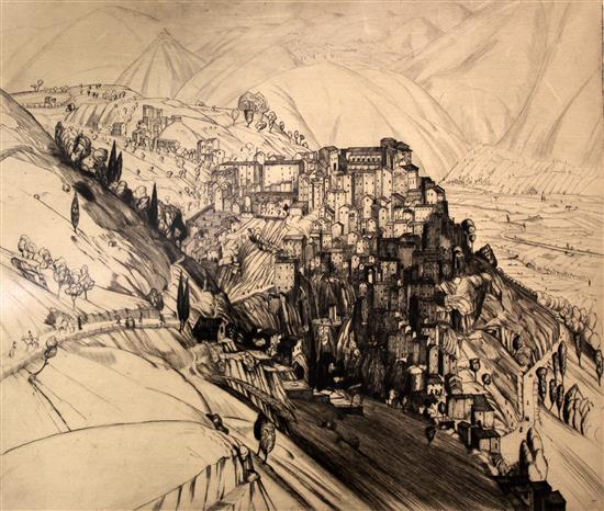 Job Nixon (1891-1938), 2 engravings, Anticoli, 1921 (I) and another view of Anticoli Corrada with peasant women in the foreground